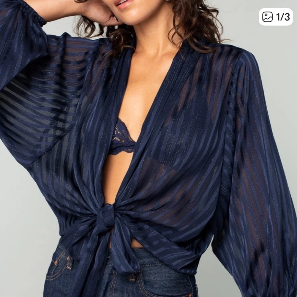 Lovestitch Deep Blue Sheer Tie-Front Blouse